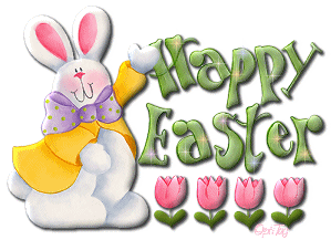 Happy Easter bunny sign with pink flowers