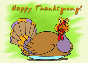 Happy Thanksgiving banner with a turkey sitting on a plate giving you a silly look