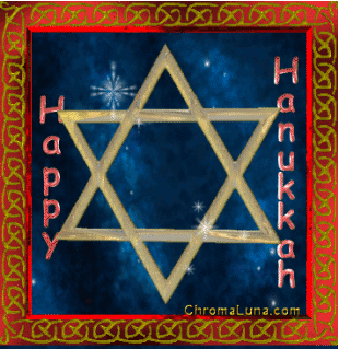 Happy Hanukkah animated clip art with Shield of David spinning on a sparkling background