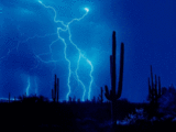 Lightning strikes in the desert at night