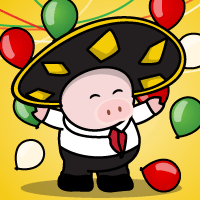 Celebrating pig with sombrero and balloons