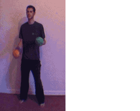 Moving animated gif image of man juggling his balls, drops one and leaves the image to get it 