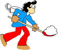 Clip art animation of a cartoon man using a snow shovel to clear snow throws a pile into his own face