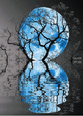 Huge new blue moon rising over water with silhouette of a tree in the reflection