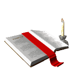 Moving animated bookmark in book with candle flame burning