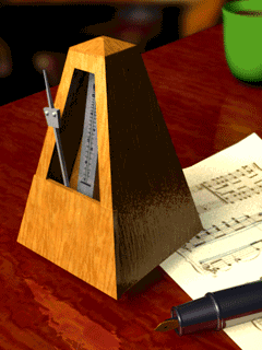 Moving animated clip art picture of wooden metronome swinging at 80 beats per minute