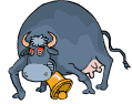 Animated gif of big blue bull wearing a large cowbell on it's neck