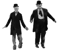 Moving animated picture of dancing fools Laurel and Hardy doing a quick step to the Chicken Dance