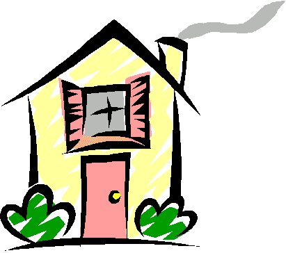 Animated clip art image of house with a smoking chimney drawn in line art with pastels 