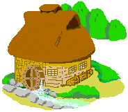 Little cottage with a water mill by the stream in the woods animated clip art picture