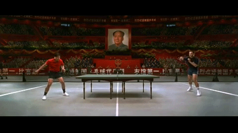Moving animated picture of ping pong tournament, serious players getting down to competition