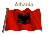 Albania flag flapping on flag pole with word "Albania" spinning over animation