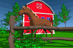 Horse in front of red barn moving animated gif