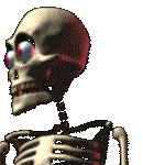 Moving picture skeleton guy looking back and forth with his skull watching important Ping Pong tournament of skins vs. bones