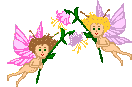 Moving picture two fairies hovering with flowers animated gif