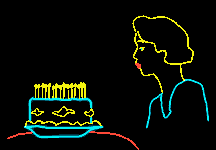 Neon animated image of a woman blowing out the candles on a cake with the message "Happy Birthday"