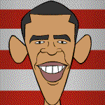 Animated cartoon caricature of President Barack Obama in front of The Stars And Stripes