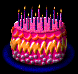 Pink and purple birthday cake with orange trim  and thirteen burning candles 