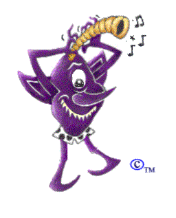 One eyed one horned flying purple people eater playing music with the horn on his head.