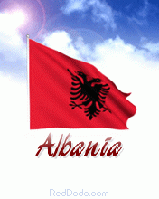 Realistic animated waving Albania flag in sky with sun and cloud
