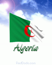 Realistic animated waving Algeria flag in sky with sun and cloud