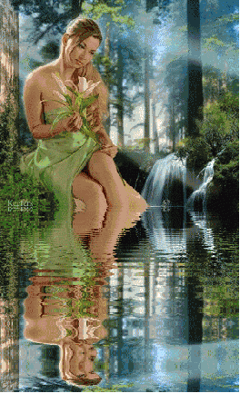 Reflections in the water of a girl with flowers sitting near a waterfall
