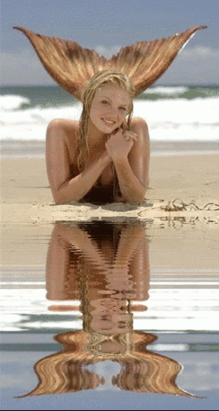 Rippling reflections of a blonde Mermaid with a golden tail lying on the beach in the afternoon sun