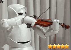 Animated white robot plays a tune on the violin