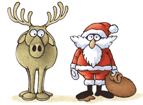 Santa stepped in Rudolf's business and is not amused when Rudolph snickers about it then he clobbers Rudolph with his bag of toys 