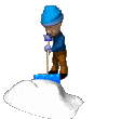 Clip art animation of a man using a snow shovel to clear a pile of snow from the driveway