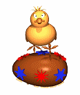 Silly little yellow animated Happy Easter chick walking on egg