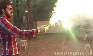 Spinning 3D animation of guy with fireworks