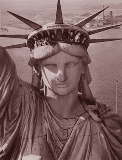 Statue of Liberty having a cup of tea winks at you