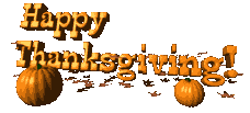 Orange animated Happy Thanksgiving banner with pumpkins and falling leaves