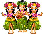 Three animated hula dancers in grass skirts dancing with ukulele
