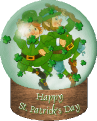 Two animated Leprechauns in globe with blowing Shamrocks