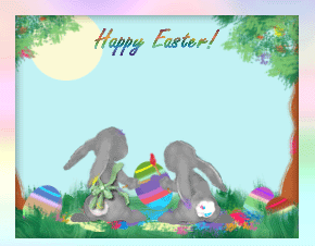 Two animated bunnies outside coloring Easter Eggs