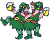 Two men dressed in green drinking beer and dancing around celebrating St. Patrick's day