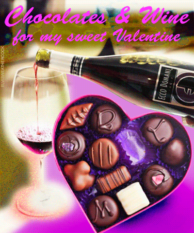 "Chocolates and Wine for my Sweet Valentine" Romantic animated entry from Elvis Weathercock. Endless bottle pouring a glass of wine with a heart shaped box of chocolates