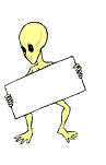 Alien hitchhiking, holding sign saying Going my way