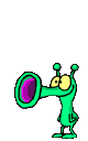 Little green animated alien with a big horn nose blowing heart bubbles