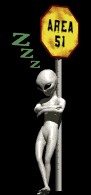 Alien waiting for flying saucer express catching a nap, while leaning against area 51 sign