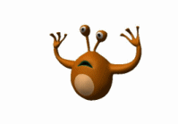 Brown moving picture of alien with long eyes waving hands in the air