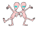 Two little pink animated dancing aliens doing an off beat Can Can