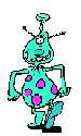 One eyed one horned purple polka dot walking alien dude with a big smile coming to see you