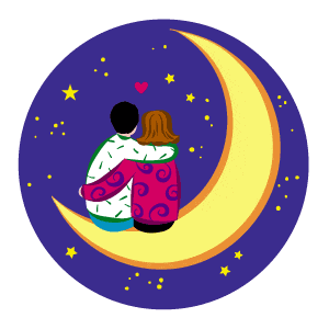 A romantic couple in love hugging and cuddling sitting on a crescent moon