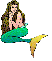Brunette Mermaid with a green and yellow tail sitting and moving her tail slowly