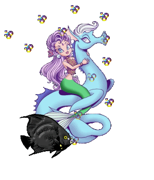 Little animated Mermaid riding a blue seahorse