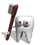 3D moving cartoon image of a tooth holding a tooth brush