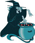 Witch with her cauldron putting the final spell on her witches brew for Halloween